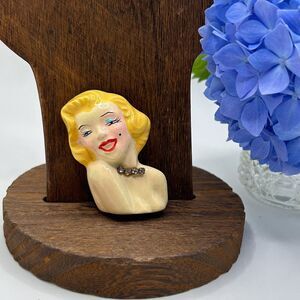 Signed 1988 Marilyn Monroe Brooch Hand Painted Clay Embellished with Crystals